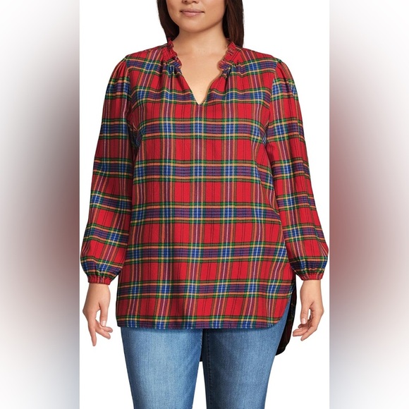 Lands' End Rainbow Brushed Flannel Ruffle Split Neck Tunic Blouse Size Large 14 - Picture 1 of 7